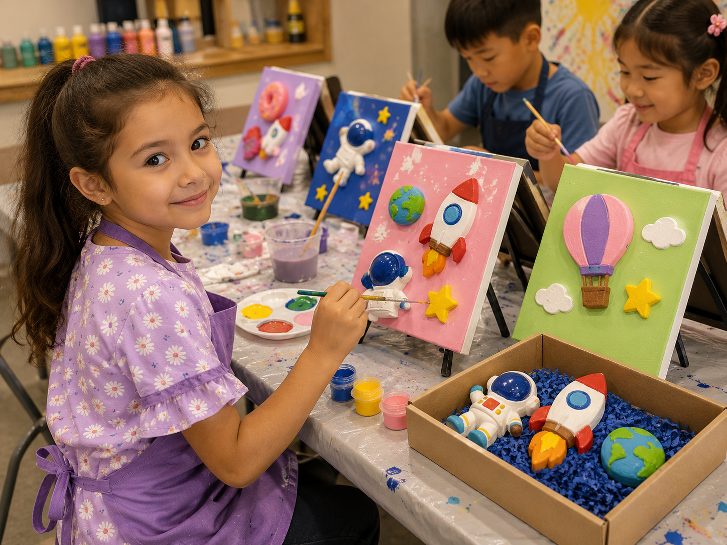 Finished artwork from a kids birthday art party run by Bubble Brush